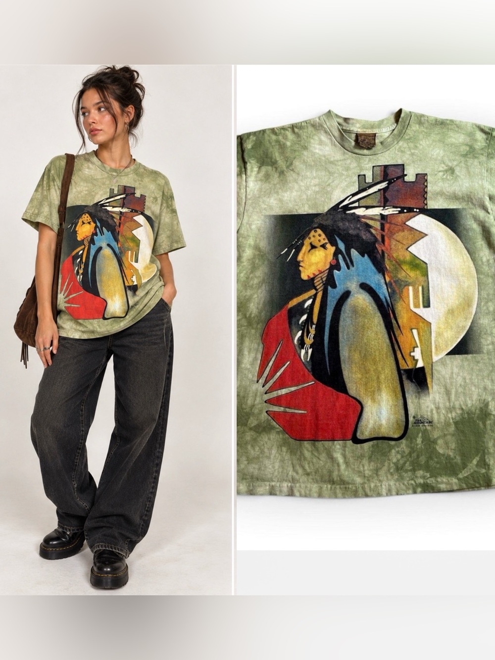 The Mountain Native Warrior Moon T-Shirt XL Green Tie Dye Vintage 90s 1998 USA